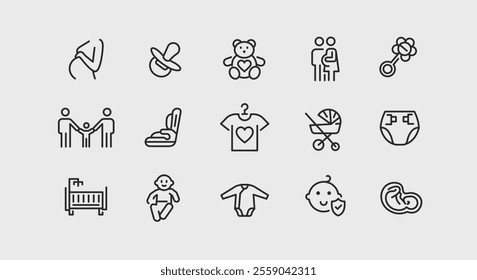 Baby care icons set. A collection of 15 minimal vector icons representing essential items for baby care, including toys, clothing, equipment. Ideal for family resources. Vector illustration