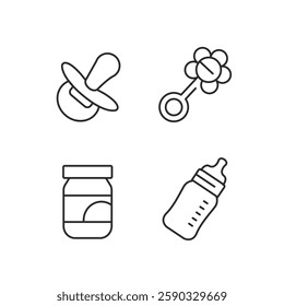 Baby care icons set. A collection of 4 minimal vector icons representing essential items for baby care, including toys, clothing, equipment. Ideal for family resources. Vector illustration