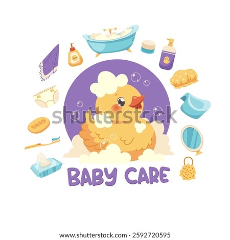 Baby care image. Duck in bubble cap, bath items for baby hygiene. Vector composition on white background