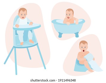 baby care isolated vector set Child eating in a baby chair table bathing in a small tub kid learn to use the toilet Toilet paper blue colours blond children Maternity first steps Happy newborn infant 