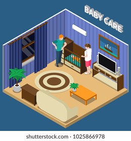 Baby care isometric composition on blue background with parents near infant on cot, interior elements vector illustration