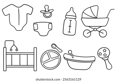 Baby care items or equipment. Vector illustration icons. Diaper, baby crib, pacifier, milk bottle. 