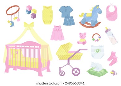 Baby care items mega set elements in flat cartoon graphic design. Bundle objects of child mobile, toys, kid clothes, bib, crib, stroller, rattle, milk bottle, diaper and other. Vector illustration.