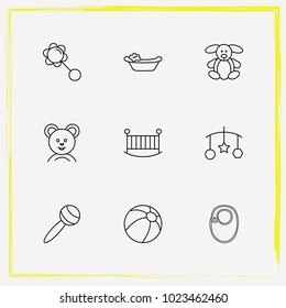 Baby Care line icon set teddy bear, beanbag and ball