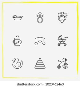 Baby Care line icon set rubber duck toy, baby's dummy and handing toys