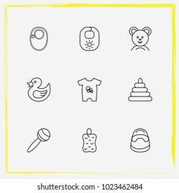 Baby Care line icon set baby suits, rubber duck toy and bast