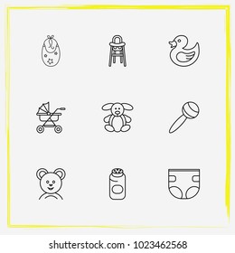 Baby Care line icon set child chair, rubber duck toy and children's toy