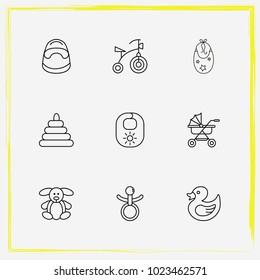 Baby Care line icon set toy pyramid, baby rabbit and children's potty