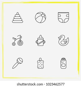 Baby Care line icon set diapers, rattles and baby powder