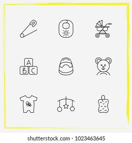 Baby Care line icon set handing toys, buggy and pin