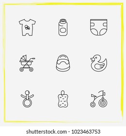 Baby Care line icon set bast, baby's dummy and buggy