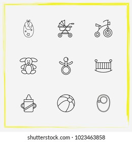 Baby Care line icon set buggy, children's toy and children bicycle