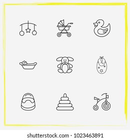 Baby Care line icon set toy pyramid, baby rabbit and children's potty