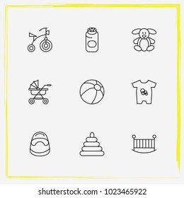 Baby Care line icon set stroller, toy pyramid and children's toy
