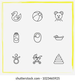 Baby Care line icon set baby powder, toy pyramid and rubber duck toy