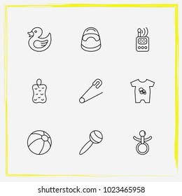 Baby Care line icon set rubber duck toy, children's potty and rattles