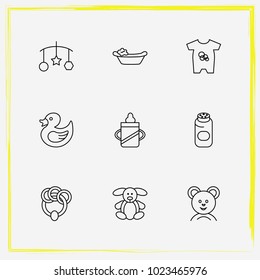 Baby Care line icon set children's toy, baby suits and rattle