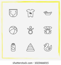 Baby Care line icon set rubber duck toy, baby suits and baby powder