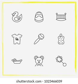 Baby Care line icon set rattles, baby bath and beanbag