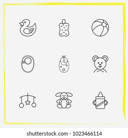 Baby Care line icon set training cup, baby rabbit and bast