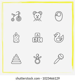 Baby Care line icon set teddy bear, children bicycle and toy pyramid