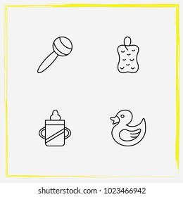 Baby Care line icon set rattles, rubber duck toy and bast
