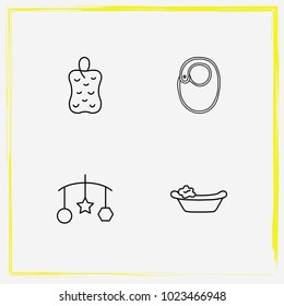 Baby Care line icon set bib, handing toys and bast