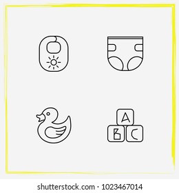 Baby Care line icon set rubber duck toy, diapers and bib