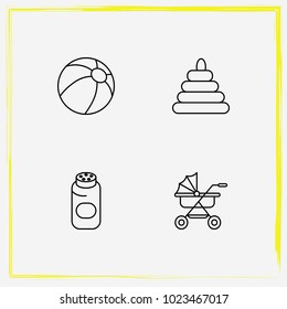 Baby Care line icon set baby powder, ball and toy pyramid