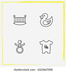Baby Care line icon set rubber duck toy, crib and baby's dummy