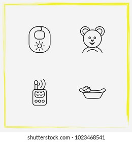 Baby Care line icon set bib, teddy bear and baby monitor