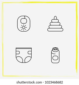 Baby Care line icon set toy pyramid, diapers and baby powder