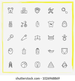 Baby Care line icon set pin, baby bath and alphabet cubes