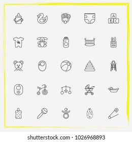 Baby Care line icon set rattle, baby suits and training cup