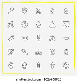 Baby Care line icon set training cup, baby's dummy and ball