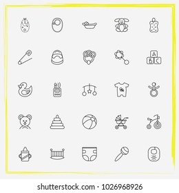Baby Care line icon set alphabet cubes, rattles and children bicycle