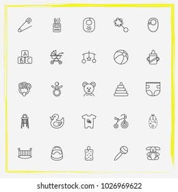 Baby Care line icon set buggy, rubber duck toy and rattle