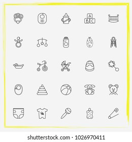 Baby Care line icon set bib, training cup and toy pyramid