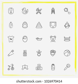 Baby Care line icon set toy pyramid, baby suits and crib