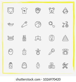 Baby Care line icon set rattles, children bicycle and baby's dummy