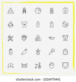 Baby Care line icon set handing toys, crib and children's potty