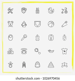 Baby Care line icon set bib, teddy bear and diapers