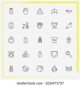 Baby Care line icon set rattle, bib and rubber duck toy