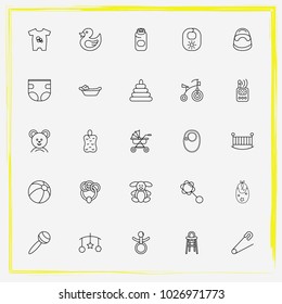 Baby Care line icon set rattles, handing toys and baby powder