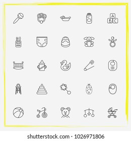 Baby Care line icon set alphabet cubes, pin and baby rabbit
