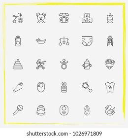 Baby Care line icon set baby monitor, rubber duck toy and alphabet cubes