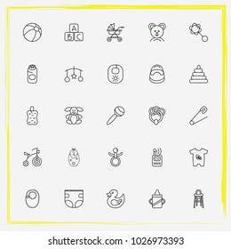 Baby Care line icon set baby suits, baby's dummy and rubber duck toy