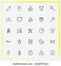 Baby Care line icon set children bicycle, pin and bib