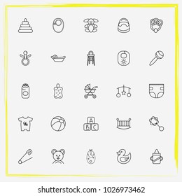 Baby Care line icon set baby rabbit, diapers and toy pyramid