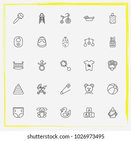 Baby Care line icon set training cup, baby bath and child chair
